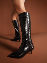 Black Knee High Boots Fashion Stone Pattern Leather Boots