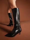 Black Knee High Boots Fashion Stone Pattern Leather Boots