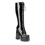Square Toe Block Heel  Boots PU Leather Goth Tall Boots with Side Zipper