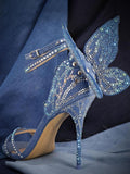 Denim Rhinestone Butterfly Strappy Round Stiletto Heel Sandals With Double Ankle Strap