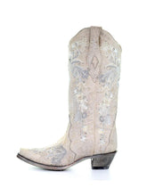 Ivory Snip Wide Mid Calf Cowgirl Vintage Boots For Bride With Rhinestone Floral Embroidery