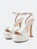 White Double Bows Silk Platform Flared Heeled Sandals With Round Toe Ankle Strap