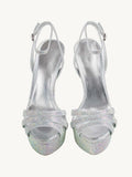 Silver Rhinestone Platform Stiletto Heeled Sandals With Round Toe Ankle Strap