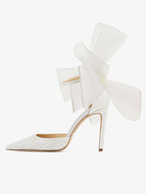 White Satin Crystal Pointy Stiletto Pumps With Asymmetrical Mesh Fascinator Bows