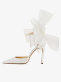 White Satin Crystal Pointy Stiletto Pumps With Asymmetrical Mesh Fascinator Bows