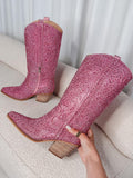 Sparkly Rhinestone Round Toe Zipper Slanted Heel Western Mid Calf Boots In Pink Gold Black