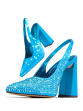Rhinestone Satin Pointy Chunky Heeled Slingback Pumps