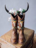 Brown Longhorn Embroidered Round Wide Calf Tall Cowgirl Boots