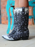 Star Snip Wide Calf Cowgirl Tall Boots With Contrast Black Bling Glitter White Applique