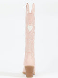 Pink Heart Embroidered Wide Mid Calf Boots Pointy Block Heeled Western Boots