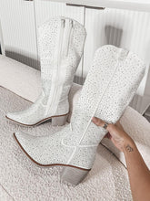 White Rhinestones Faux Suede Pointed-toe Chunky Heel Zip Cowgirl Boots