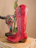 Red Eagle Embroidered Knee High Western Boots With Snip Toe Zipper