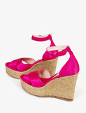 Rose Red Satin Cross Bands Open-toe Buckle Ankle Strap Espadrille Wedge Sandals