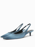 Distressed Denim Blue Stitch Pointy Kitten Slingback Pumps