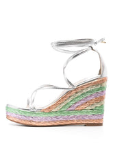 Silver Multi Bands Open-toe Irised Espadrille Wedge Sandals With Self-tie