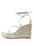 Silver Multi Bands Open-toe Irised Espadrille Wedge Sandals With Self-tie