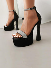Single Band With Rhinestone Round-toe Flared Heel Platform Sandals With Ankle Strap
