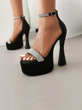 Single Band With Rhinestone Round-toe Flared Heel Platform Sandals With Ankle Strap