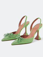 Green Suede Rhinestone Bow Pointy Half Stiletto Half Flared Slingback Karma Pumps