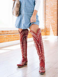 Grass Embroidered Lace Up Zip Snip Western Knee High Boots