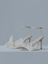 White Satin Over-Sized Bow Round Stiletto Heeled Sandals For Bride With Buckle Ankle Strap