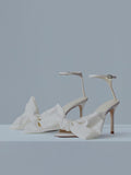 White Satin Over-Sized Bow Round Stiletto Heeled Sandals For Bride With Buckle Ankle Strap