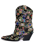 Metallic Black Satin Floral Embroidery Rhinestone Mid Calf Cowgirl Boots With Ankle Strap