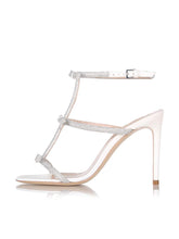 White Sparkly Rhinestone Bow Cross Strap Buckle Round Stiletto Heeled Sandals For Bride