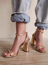 Metallic Strappy Square Toe Block Heeled Sandals With Buckled Ankle Strap