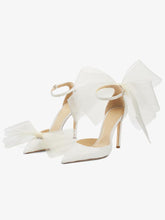 White Satin Crystal Pointy Stiletto Pumps With Asymmetrical Mesh Fascinator Bows