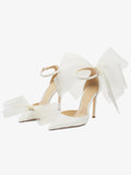 White Satin Crystal Pointy Stiletto Pumps With Asymmetrical Mesh Fascinator Bows