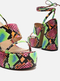 Snakeskin Platform Lace-Up Round-Toe Flared Chunky Heel Sandals For Women