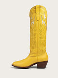 Yellow Inlay Lightning Knee High Boots Stitch Slip-On Round Cowgirl Heeled Boots