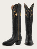 Black Inlay Lightning Embroidered Slip-On Knee High Boots Round Toe Heeled Cowgirl Boots