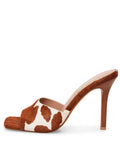 Brown Cow Spot Square Open Toe Backless Slip-On Stiletto Heeled Sandals For Women
