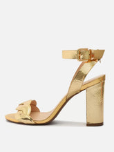 Metallic Gold Woven Strap High Block Heel Sandals For Wide Feet