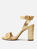 Metallic Gold Woven Strap High Block Heel Sandals For Wide Feet