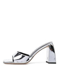Cool Metallic Bright Silvery Chunky Heel Square-Toe Sandals Mules Slippers