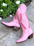 Pink Inlay Embroidered Pointy Wide Mid Calf Western Boots