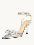 Silver Clear Rhinestone Double Bow Pumps With Pointed Toe Flared Heel Ankle Strap