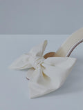 White Satin Over-Sized Bow Round Stiletto Heeled Sandals For Bride With Buckle Ankle Strap