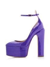 Purple Patent Platform Block Heeled Pumps With Round Toe Ankle Strap