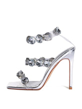 Silver Large Rhinestone Clear Strappy Square Toe Stiletto-Heeled Sandals