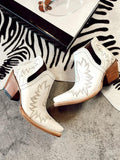 White Embroidered Snip Slip-On Ankle Western Boots