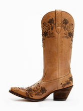 Brown Studs Floral Printing Snip-toe Slip-on Wide Mid-Calf Western Boots
