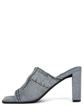 Denim Blue Frayed Patchwork Single Wide Band Square Chunky Heel Backless Slip-On Sandals