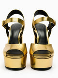 Gold Metallic Peep-toe Buckle Platform High Chunky Heel Sandals With Adjustable Strap