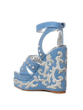 Rhinestone Applique Ankle Strap Open-toe Denim Double Platform Wedges With Studs