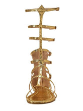 Metallic Gold Snakeskin Mid Calf Flat Gladiator Sandals With Round Toe Buckle Straps Zip