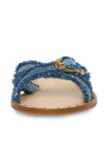Frayed Denim Cross Strap Buckle Round Flats Slippers Sandals
